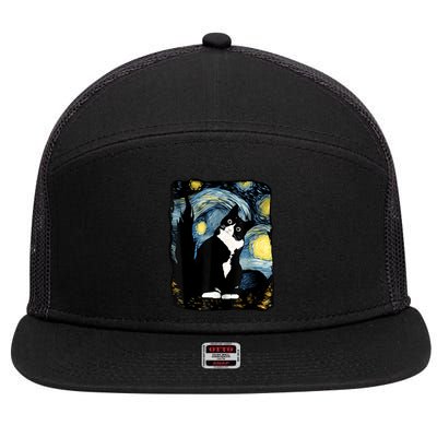 Tuxedo Cat Starry Night Van Gogh Cat Cat Art Cat Mom Dad 7 Panel Mesh Trucker Snapback Hat