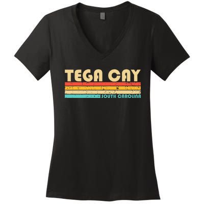 Tega Cay Sc South Carolina Funny City Home Roots Retro 80s Women's V-Neck T-Shirt