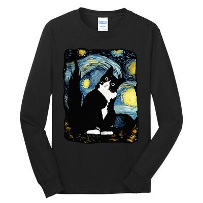 Tuxedo Cat Starry Night Van Gogh Cat Cat Art Cat Mom Dad Tall Long Sleeve T-Shirt