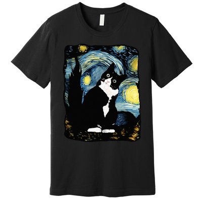 Tuxedo Cat Starry Night Van Gogh Cat Cat Art Cat Mom Dad Premium T-Shirt