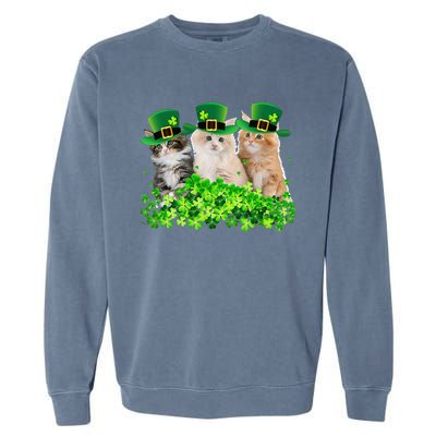 Three Cat St Patricks Day Kitty Kitten Lover Irish Garment-Dyed Sweatshirt