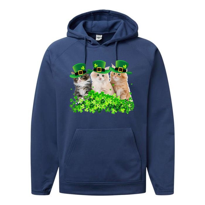 Three Cat St Patricks Day Kitty Kitten Lover Irish Performance Fleece Hoodie