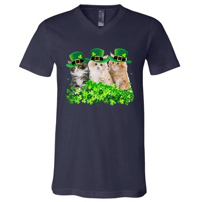 Three Cat St Patricks Day Kitty Kitten Lover Irish V-Neck T-Shirt