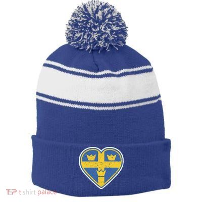 Three Crown Swedish Vintage Sverige Ice Hockey Gift Stripe Pom Pom Beanie