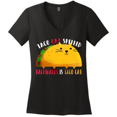 Taco Cat Spelled Backwards Is Taco Cat Funny Mexican Tacos Women's V-Neck T-Shirt