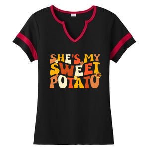 Thanksgiving Couples Sweet Potato I Yam Groovy Flower Ladies Halftime Notch Neck Tee