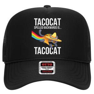 Taco Cat Spelled Backwards Palindrome Funny Cat High Crown Mesh Back Trucker Hat