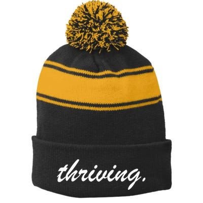 Thriving Cursive Script Dark Stripe Pom Pom Beanie