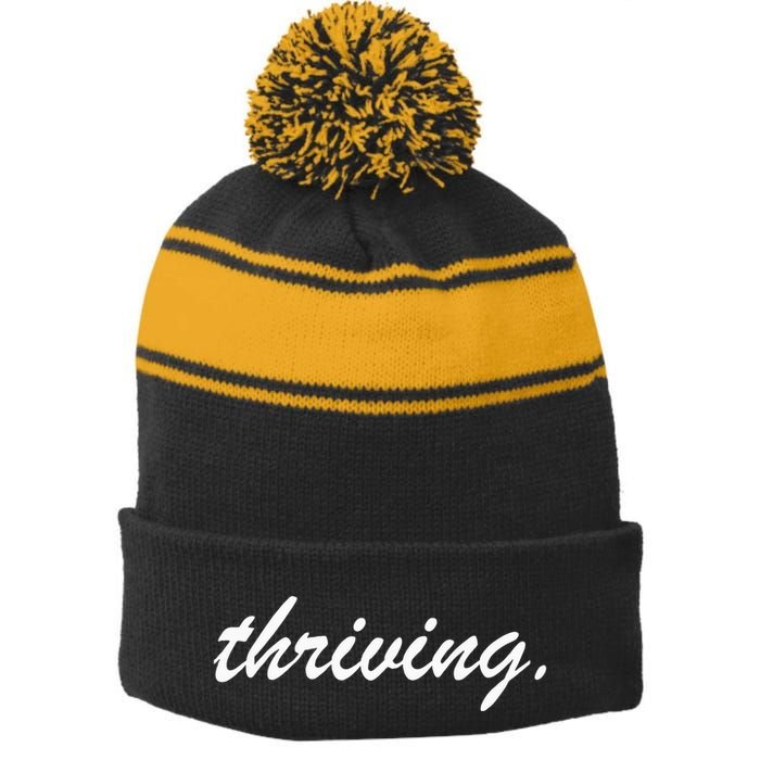 Thriving Cursive Script Dark Stripe Pom Pom Beanie