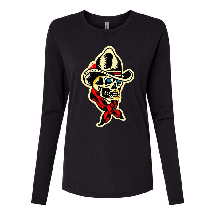 Traditional Cowboy Skull Tattoo Womens Cotton Relaxed Long Sleeve T-Shirt