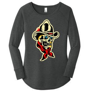 Traditional Cowboy Skull Tattoo Women's Perfect Tri Tunic Long Sleeve Shirt