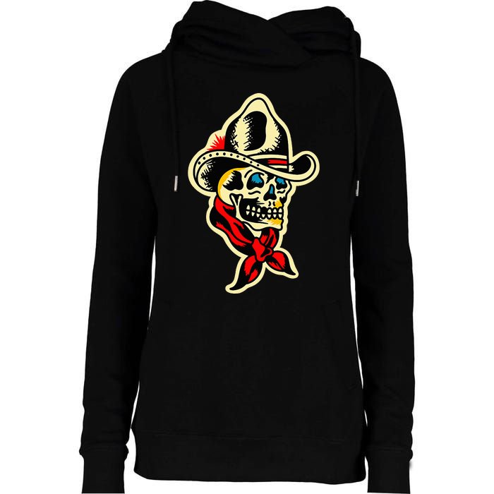 Traditional Cowboy Skull Tattoo Womens Funnel Neck Pullover Hood