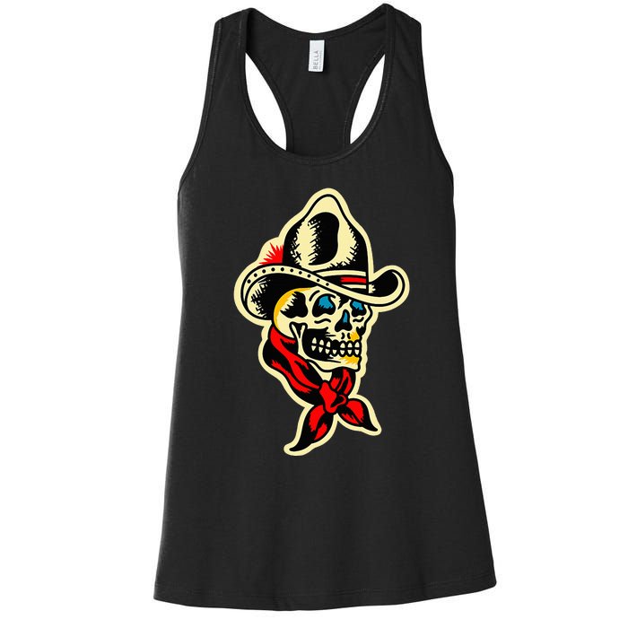 Traditional Cowboy Skull Tattoo Women's Racerback Tank