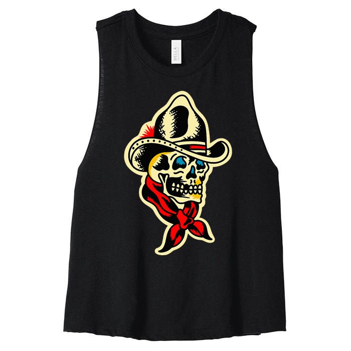 Traditional Cowboy Skull Tattoo Women's Racerback Cropped Tank