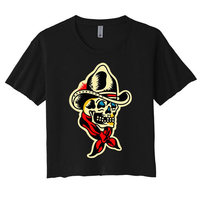 Traditional Cowboy Skull Tattoo Women's Crop Top Tee