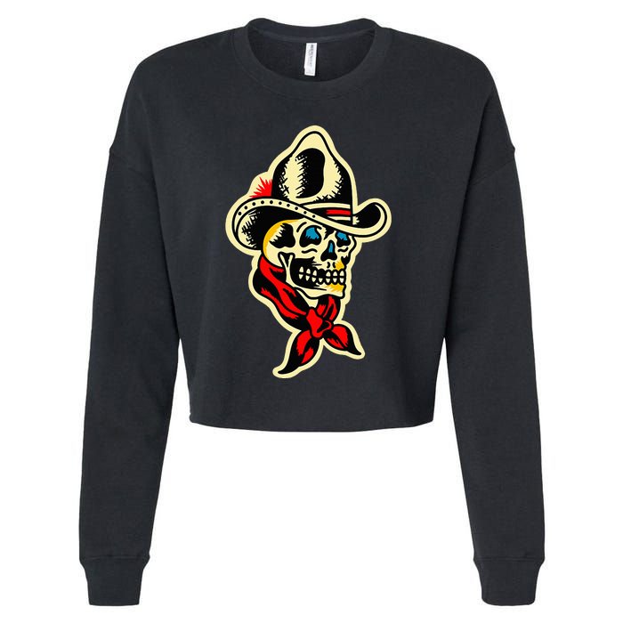 Traditional Cowboy Skull Tattoo Cropped Pullover Crew