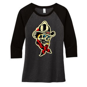 Traditional Cowboy Skull Tattoo Women's Tri-Blend 3/4-Sleeve Raglan Shirt