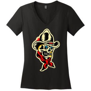 Traditional Cowboy Skull Tattoo Women's V-Neck T-Shirt