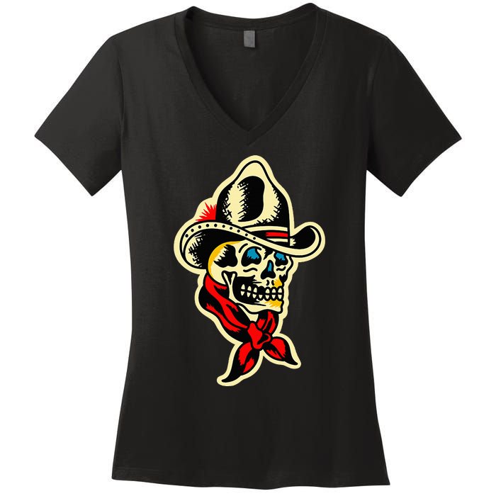 Traditional Cowboy Skull Tattoo Women's V-Neck T-Shirt