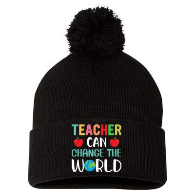 Teachercan Change The World Back To School Pom Pom 12in Knit Beanie