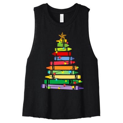 teacher christmas t crayon tree light s student Women's Racerback Cropped Tank