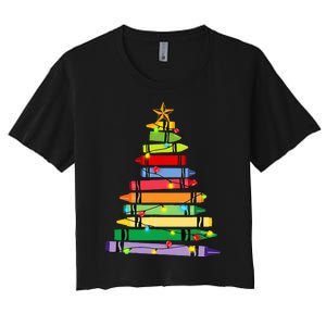 teacher christmas t crayon tree light s student Women's Crop Top Tee