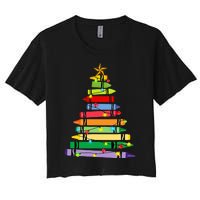 teacher christmas t crayon tree light s student Women's Crop Top Tee