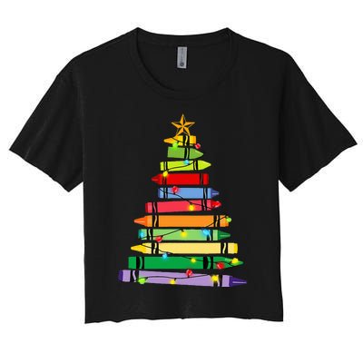 teacher christmas t crayon tree light s student Women's Crop Top Tee