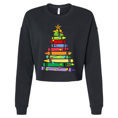 teacher christmas t crayon tree light s student Cropped Pullover Crew