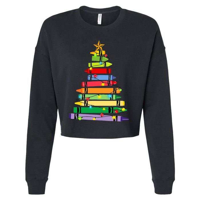 teacher christmas t crayon tree light s student Cropped Pullover Crew