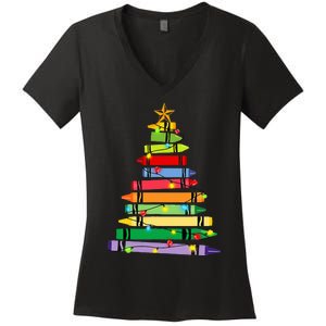 teacher christmas t crayon tree light s student Women's V-Neck T-Shirt