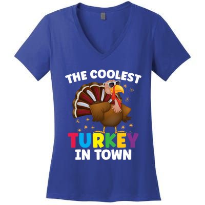 The Coolest Turkey In Town Colorful Thanksgiving Funny Gift Women's V-Neck T-Shirt