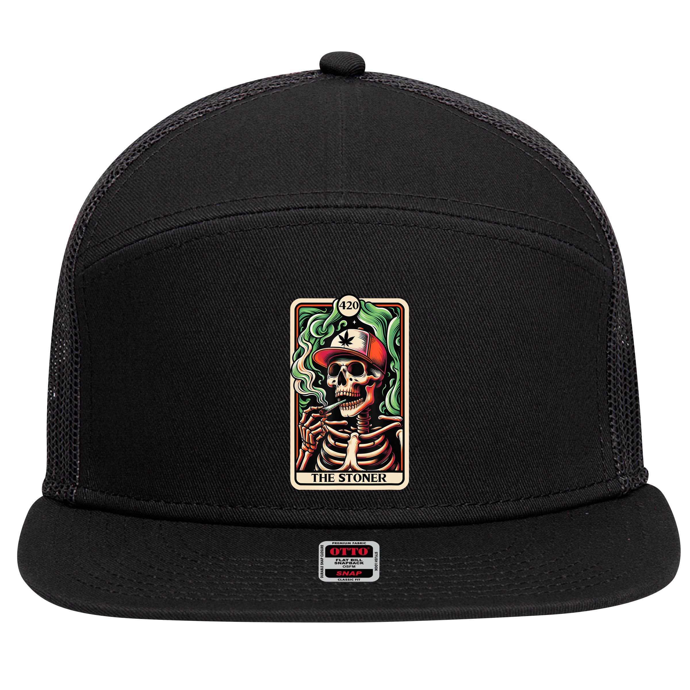 Tarot Card The Stoner Weed Lover Skeleton Cannabis 420 7 Panel Mesh Trucker Snapback Hat