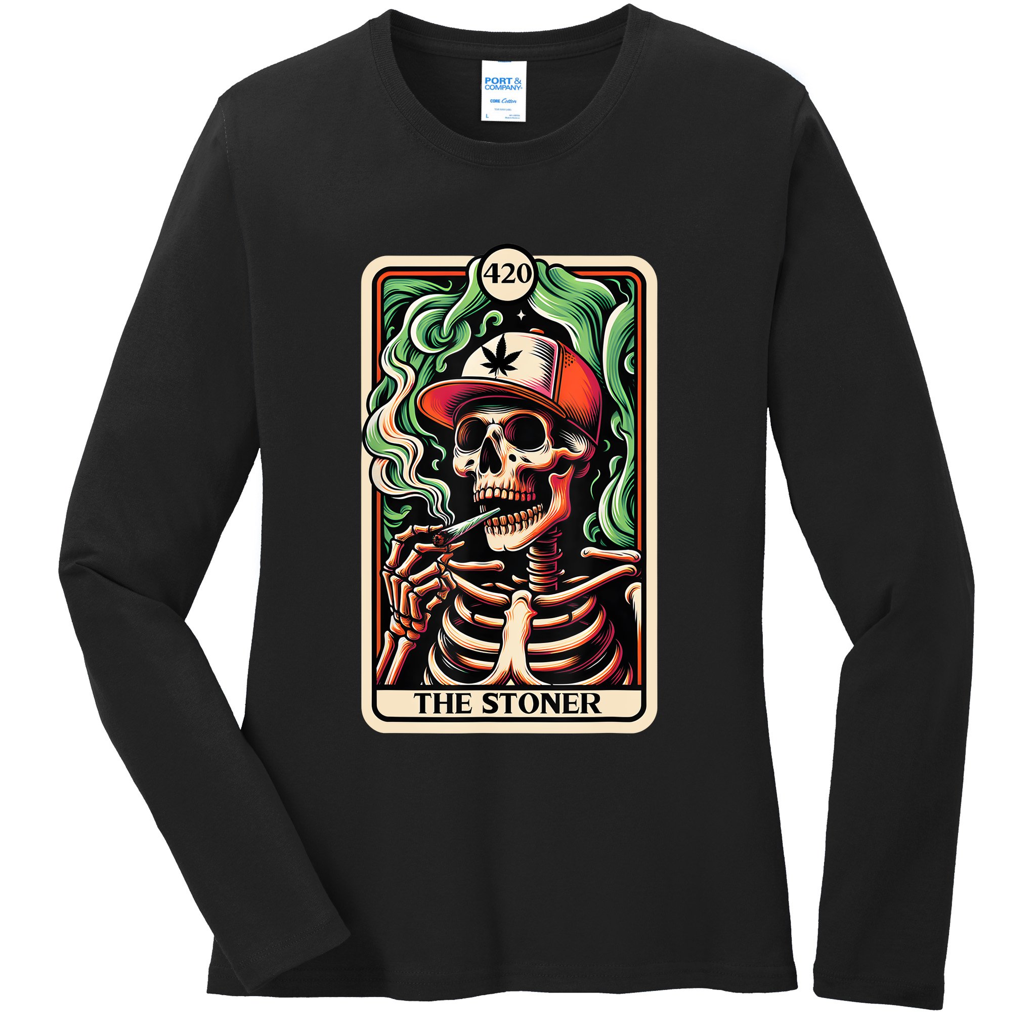 Tarot Card The Stoner Weed Lover Skeleton Cannabis 420 Ladies Long Sleeve Shirt