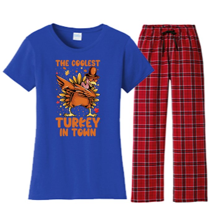 The Coolest Turkey In Town Dabbing Pilgrim Hat Thanksgiving Great Gift Women's Flannel Pajama Set