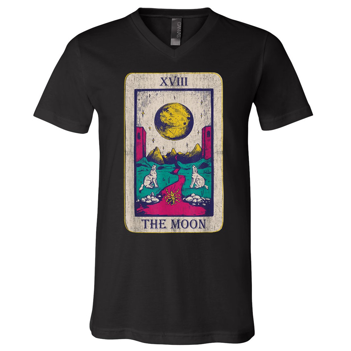 Tarot Card The Moon XVIII Occult Vintage Wolf Moon V-Neck T-Shirt