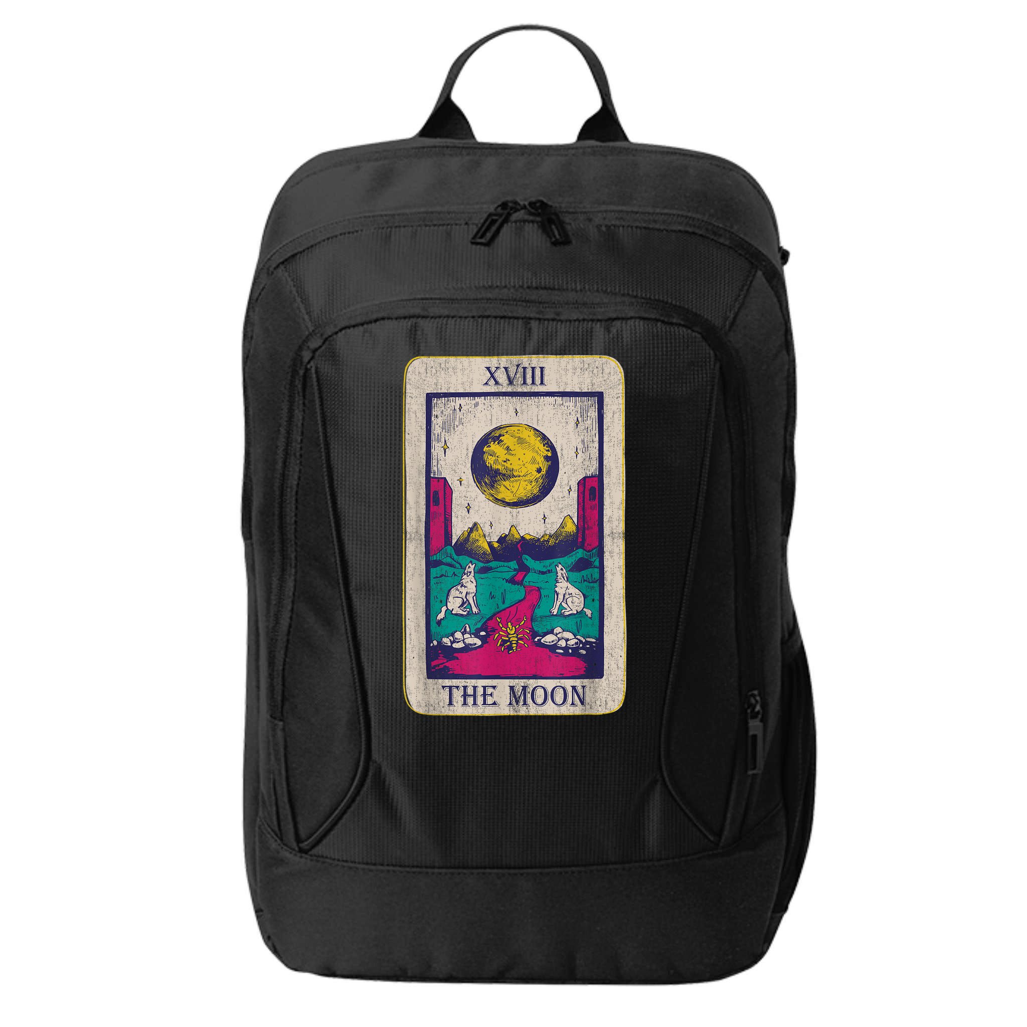 Tarot Card The Moon XVIII Occult Vintage Wolf Moon City Backpack