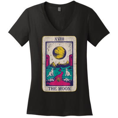 Tarot Card The Moon XVIII Occult Vintage Wolf Moon Women's V-Neck T-Shirt