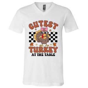 Thanksgiving Cutest Turkey At The Table Dinner Girl V-Neck T-Shirt