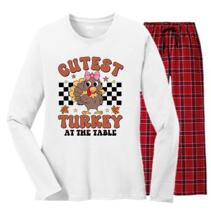 Thanksgiving Cutest Turkey At The Table Dinner Girl Women's Long Sleeve Flannel Pajama Set 