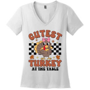 Thanksgiving Cutest Turkey At The Table Dinner Girl Women's V-Neck T-Shirt