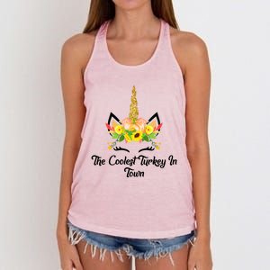 The Coolest Turkey In Town Unicorn Thanksgiving Gift Women's Knotted Racerback Tank