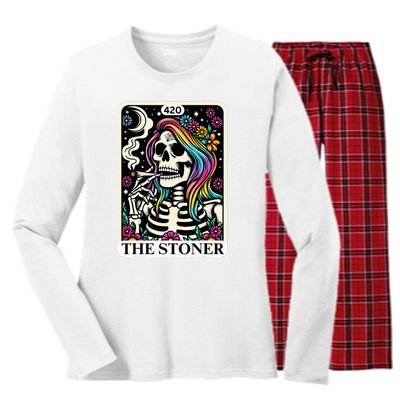 Tarot Card The Stoner Weed Lover Skeleton 420 Cannabis Women's Long Sleeve Flannel Pajama Set 