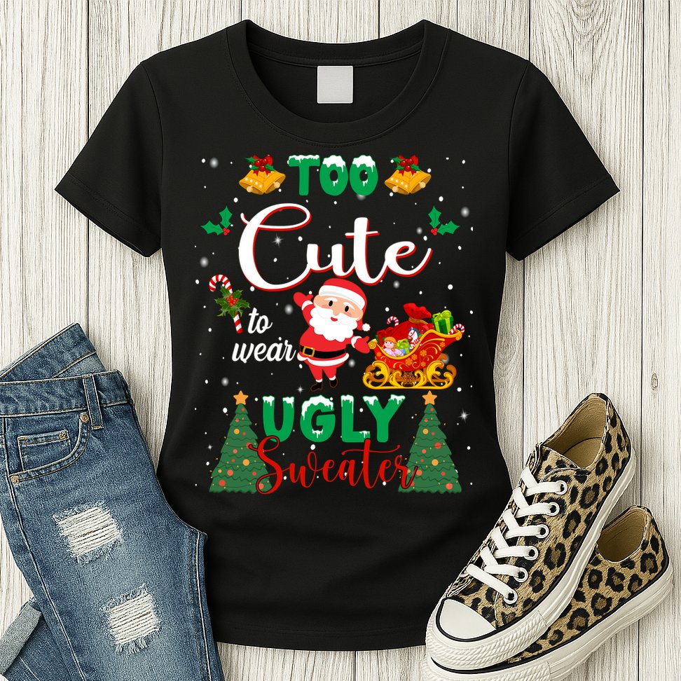 Too Cute To Wear Ugly Sweaters Christmas Womens T-Shirt