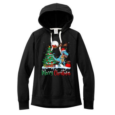 Trex Christmas Tree Lights Santa Hat Merry Christmas Trex Cool Gift Women's Fleece Hoodie