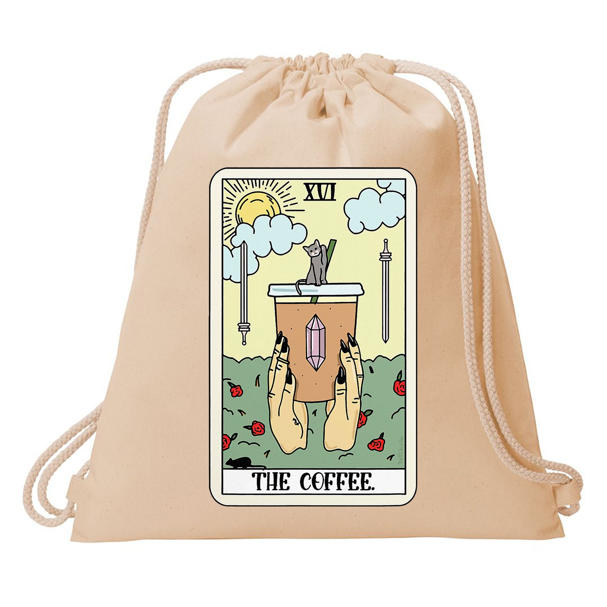 The Coffee Tarot Card Coffee Lover Caffeinated Witchy Hand Drawstring Bag
