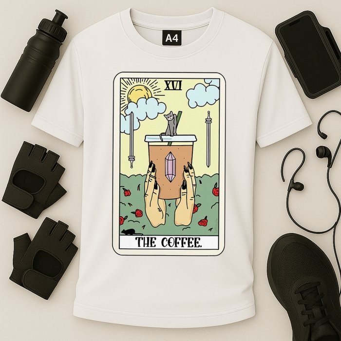 The Coffee Tarot Card Coffee Lover Caffeinated Witchy Hand Cooling Performance Crew T-Shirt