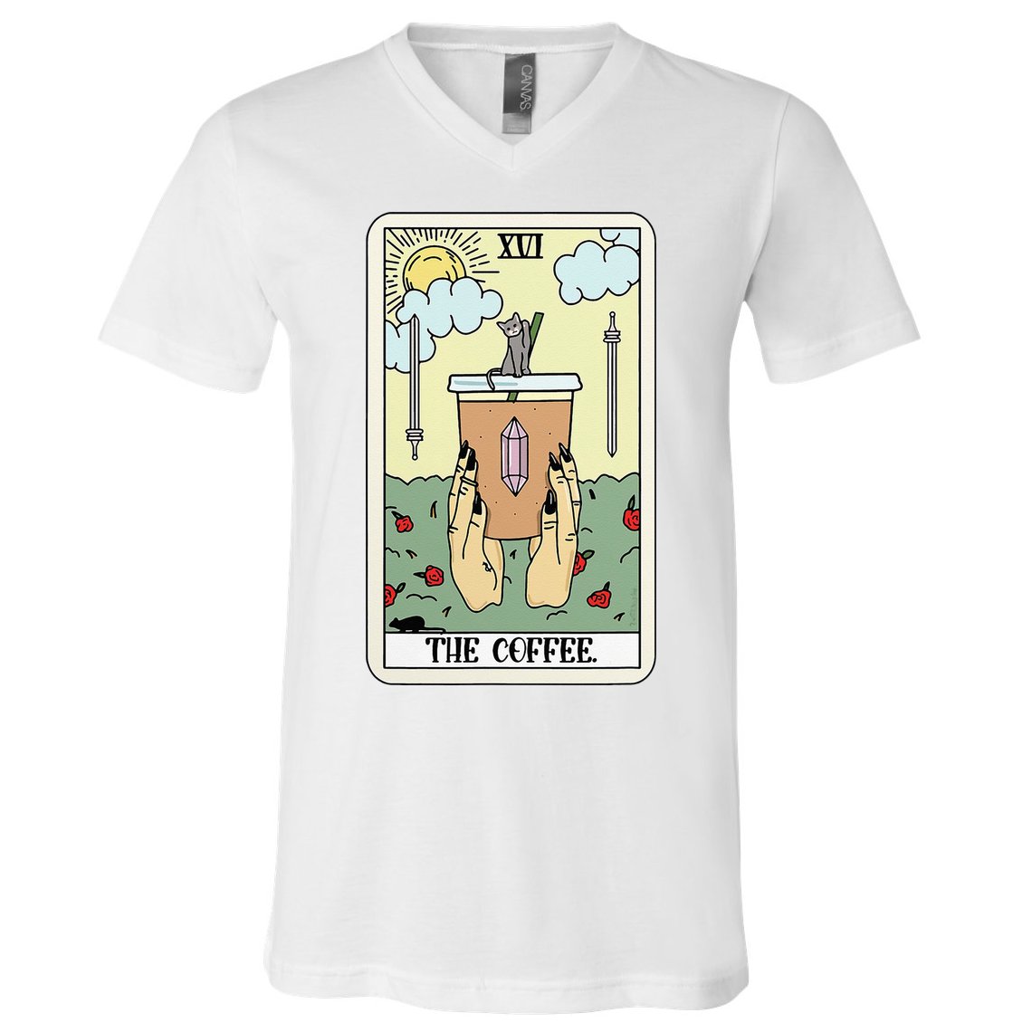 The Coffee Tarot Card Coffee Lover Caffeinated Witchy Hand V-Neck T-Shirt