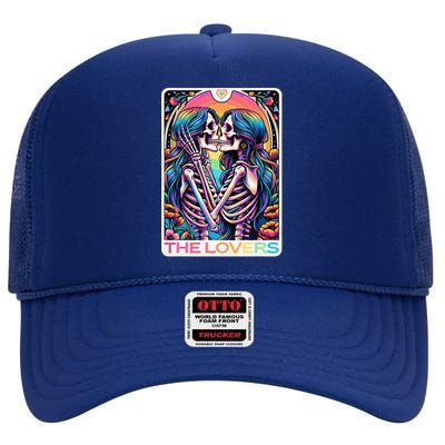 Tarot Card The Lovers Rainbow Kissing Lesbian Skeletons High Crown Mesh Back Trucker Hat