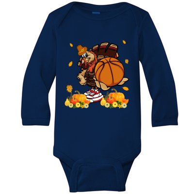 Thanksgiving Cool Turkey Playing Basketball Player Lover Gift Baby Long Sleeve Bodysuit